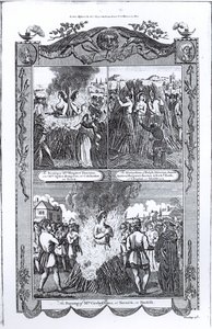 Homens e mulheres foram queimados na fogueira em 1557, de uma edição de &39;Atos e Monumentos&39; de John Foxe (1516-87) de English School